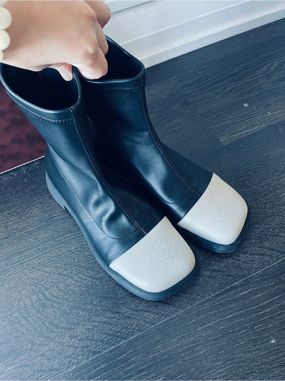 Black Leather Ankle Boots with Cream Toe Caps
